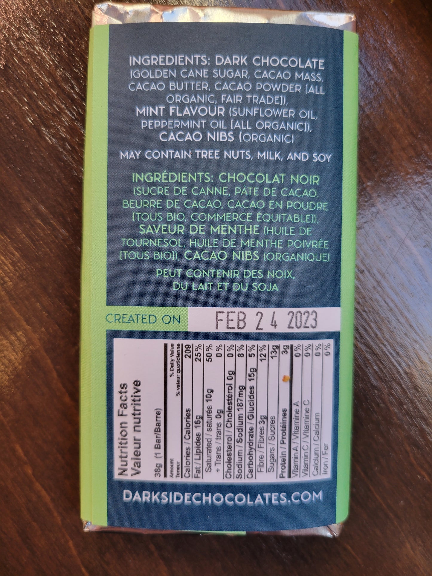 69% Dark with Mint & Cacao Nibs Chocolate Bar